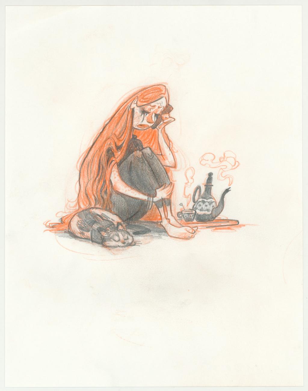 illustration originale intitulée "Femme et chat - Wouter Tulp - Mine de plomb et crayon de couleur - 3076