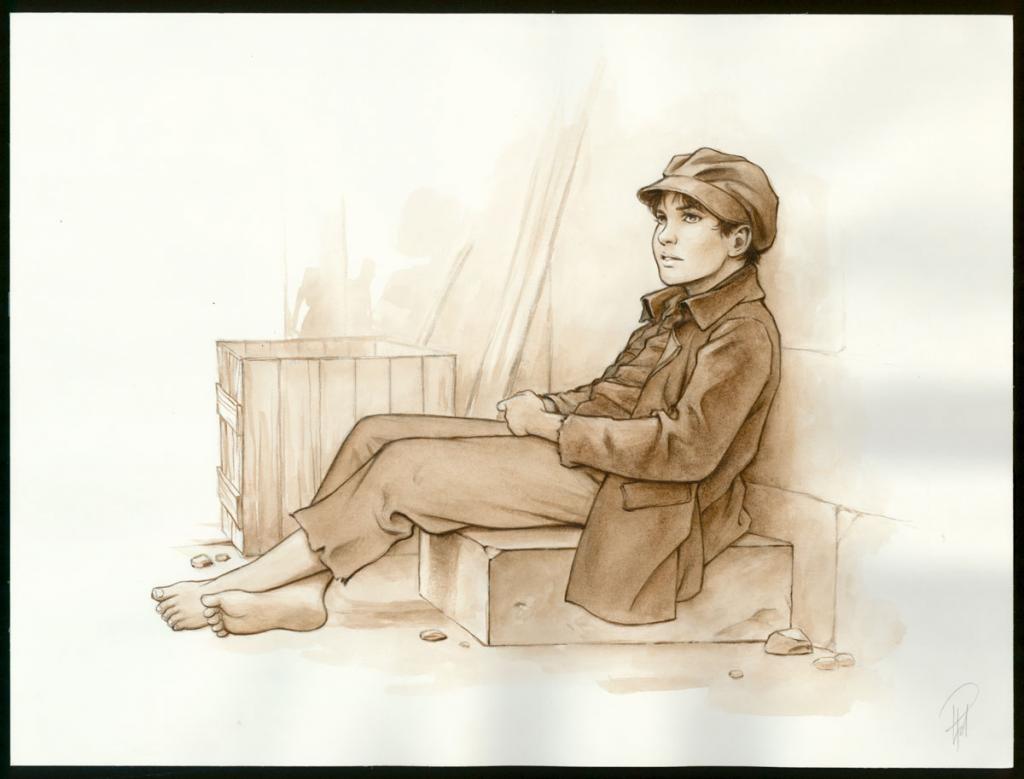 Illustration originale 12 - Gavroche assis - Laurent Paturaud - Aquarelle et crayon de couleur sur papier - 3395