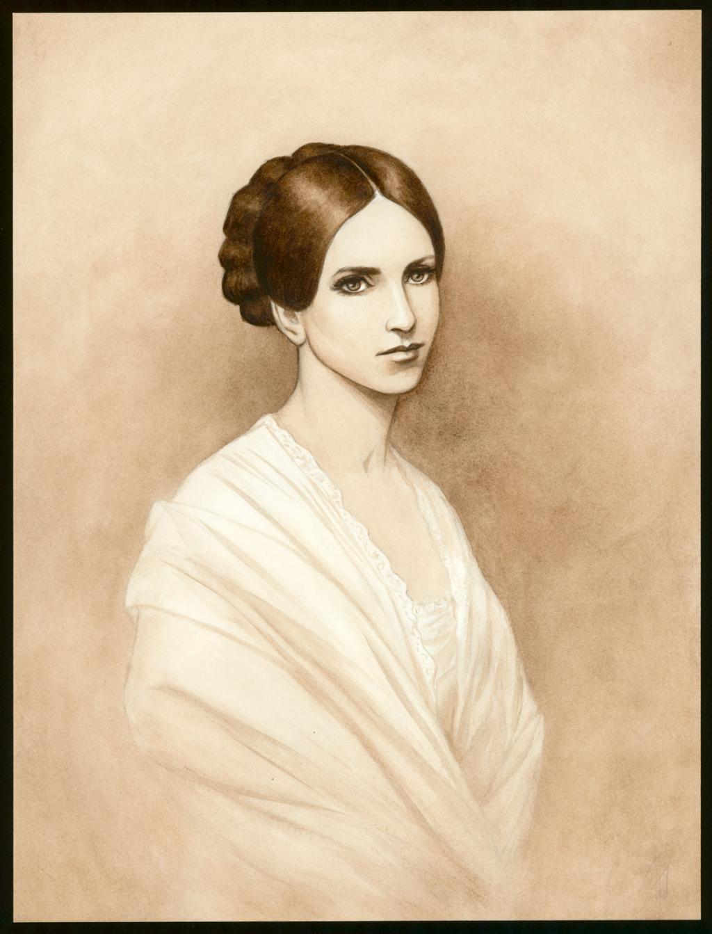 Illustration originale 21 - Adèle, portrait sépia - Laurent Paturaud - Aquarelle et crayon de couleur sur papier - 3393