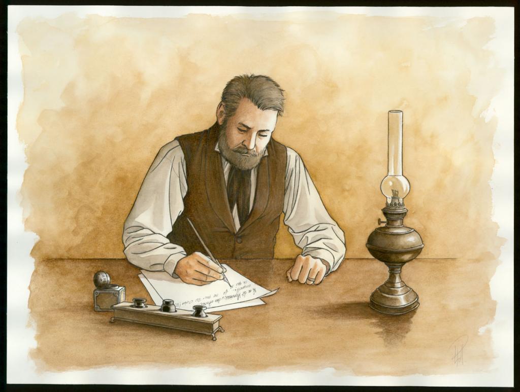 Illustration originale - Victor Hugo écrivant à Lord Palmerston - Laurent Paturaud - Aquarelle et crayon de couleur sur papier - 3391