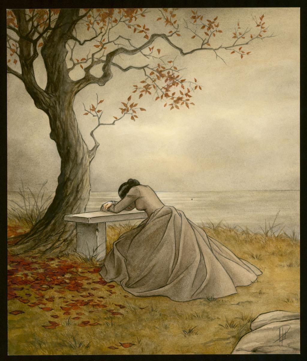 Illustration originale 13 - Adèle sur le Banc - Laurent Paturaud - Aquarelle et crayon de couleur sur papier - 3388