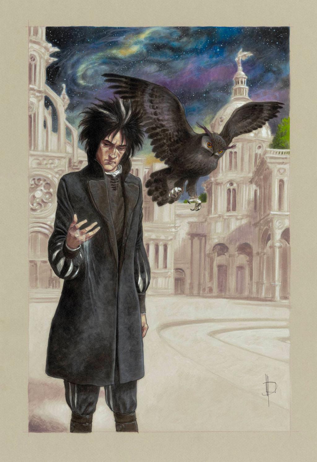 Illustration originale inédite - Sandman  et hibou - Miguelanxo Prado - Encre de Chine et acrylique sur papier - 3775