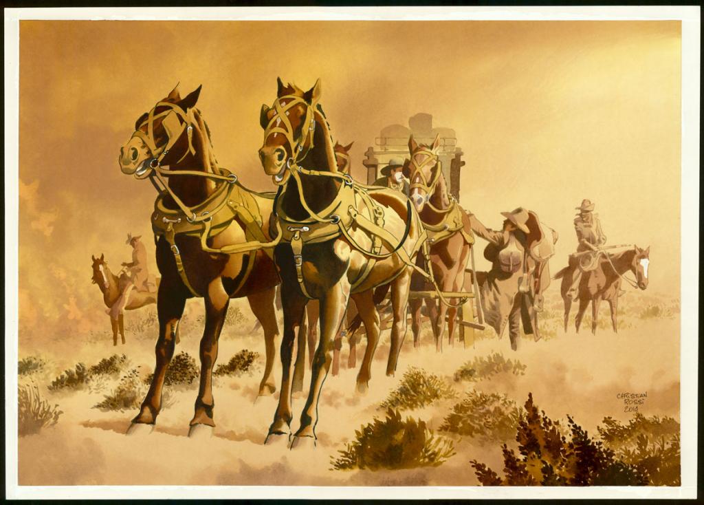 Illustration originale inédite, "Diligence - Christian Rossi - Aquarelle sur papier - 3534