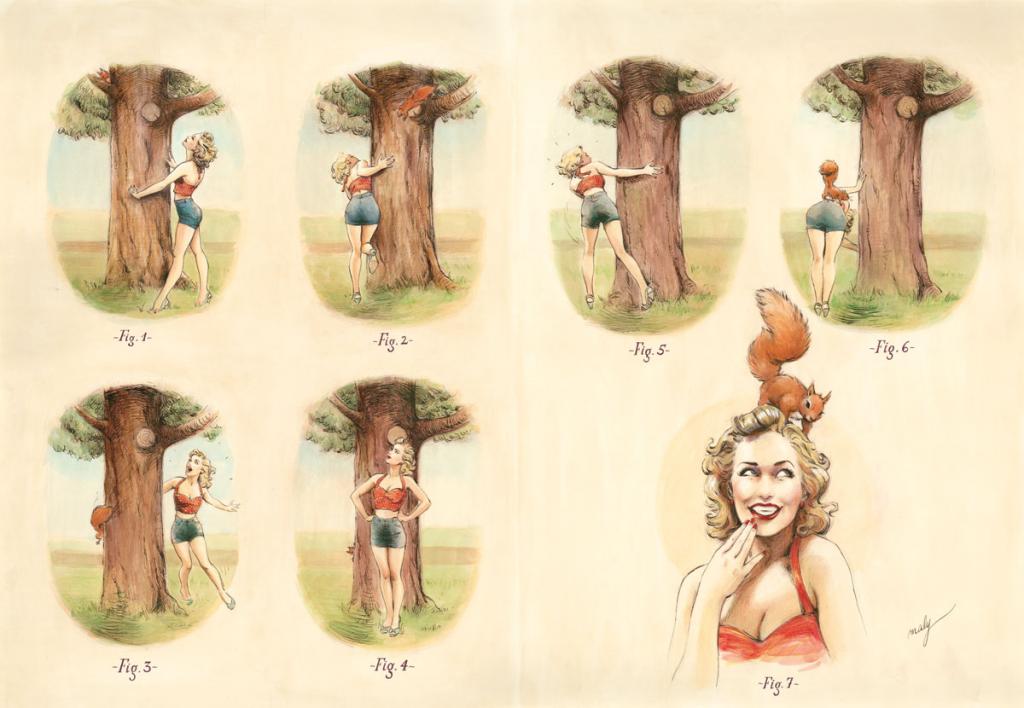 Illustration originale sur papier Art Board, intitulée ?Une petite partie de cache-cache - Maly Siri - Aquarelle et encre de Chine - 3088