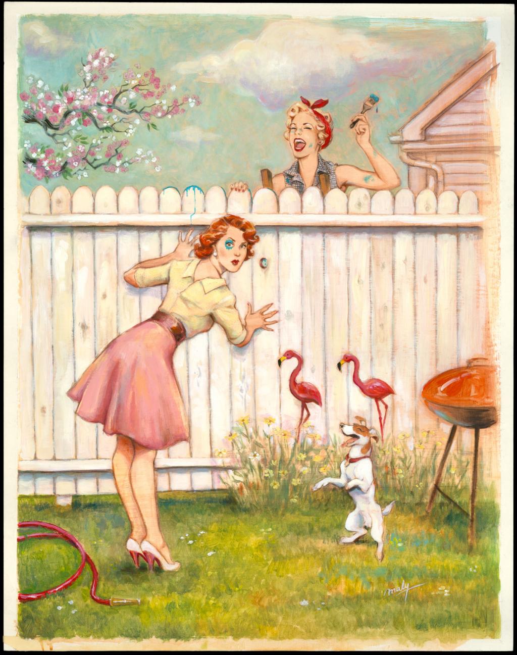 Illustration originale sur papier Art Board, intitulée ?Neighbors - Maly Siri - Acrylique et crayons de couleur - 3089