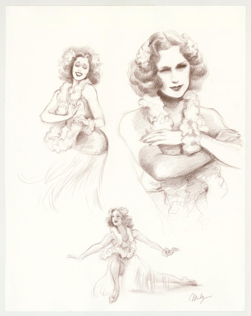 Illustration originale intitulée "Eleanor Powell sketches - Maly Siri - Crayon sur papier - 3091