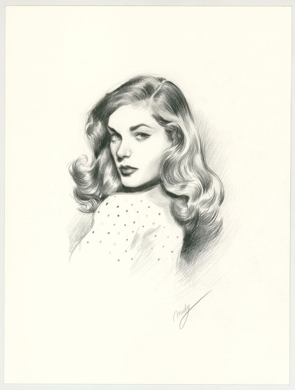 Illustration originale intitulée "Lauren Bacall - Maly Siri - Crayon sur papier - 3092