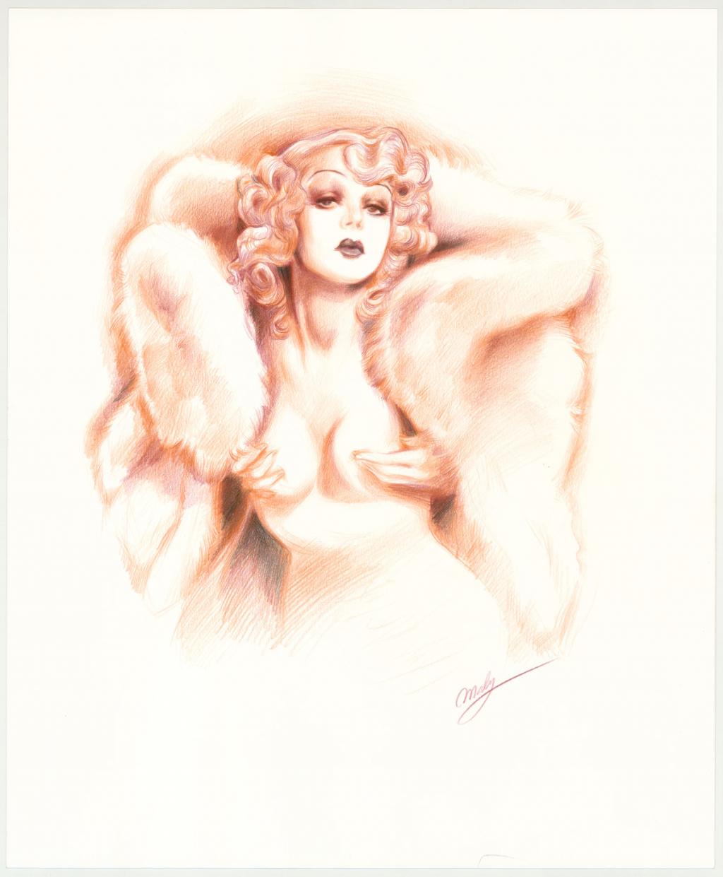 Illustration originale intitulée "Jean Harlow and a fur coat - Maly Siri - Crayon sur papier - 3094
