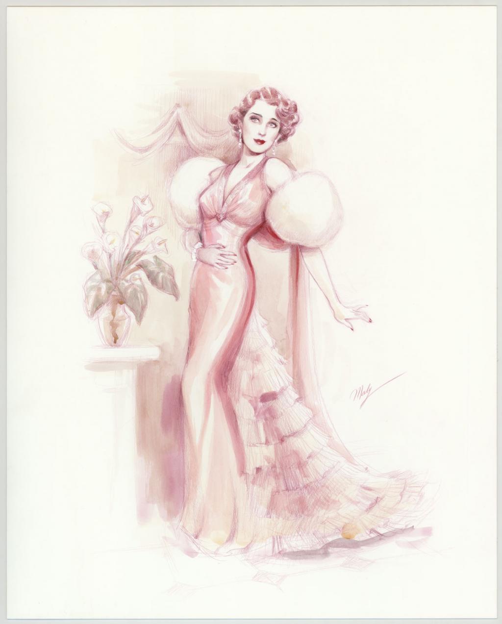 Illustration originale intitulée "Gloria Hartfield - Maly Siri - Crayon brun et aquarelle  - 3096