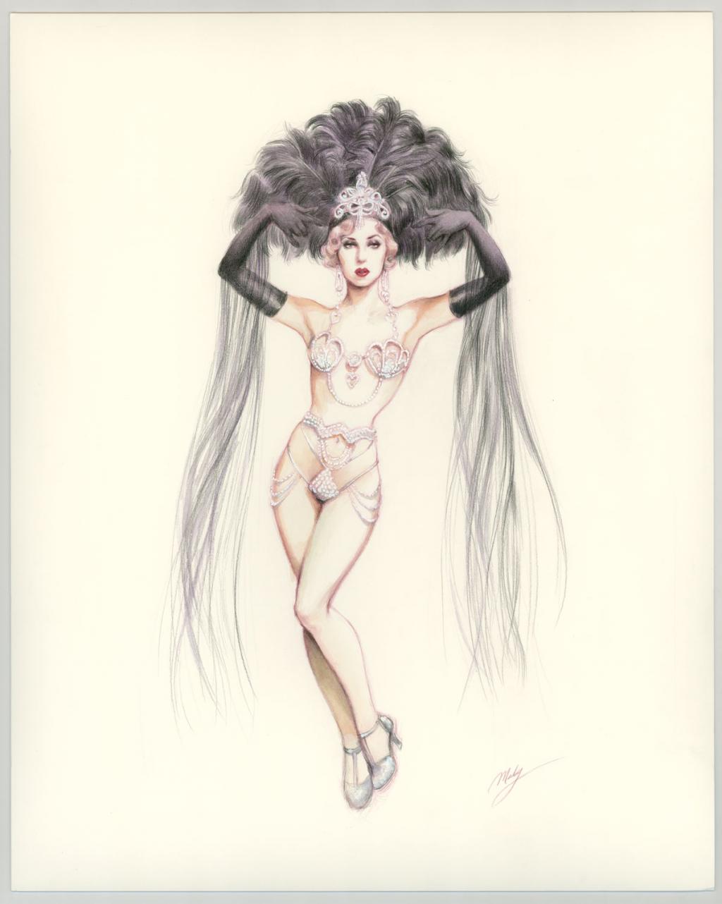 Illustration originale intitulée "Lavender Cabaret - Maly Siri - Crayon brun et aquarelle  - 3097