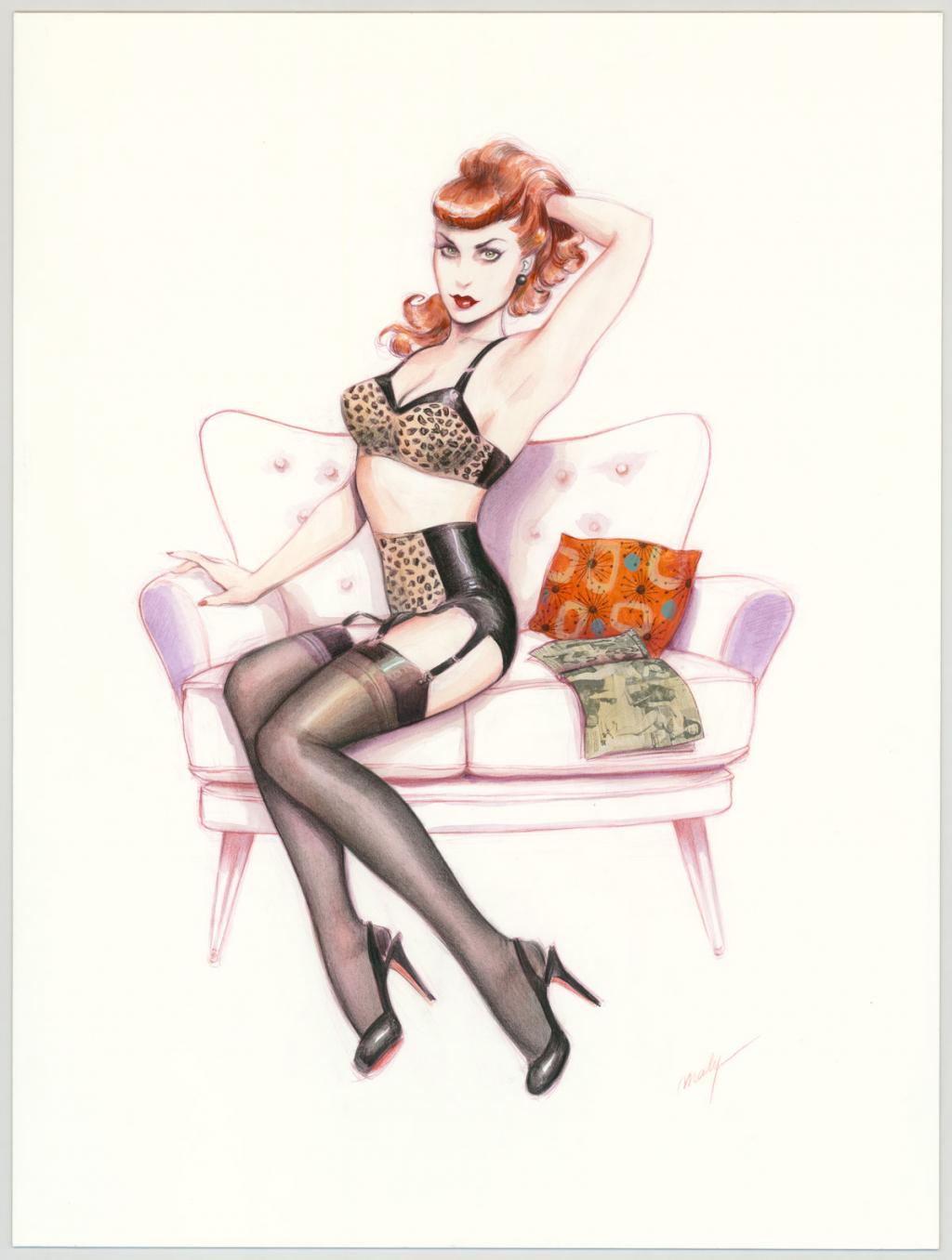 Illustration originale intitulée "Interesting Litterature - Maly Siri - Crayon brun et aquarelle  - 3098