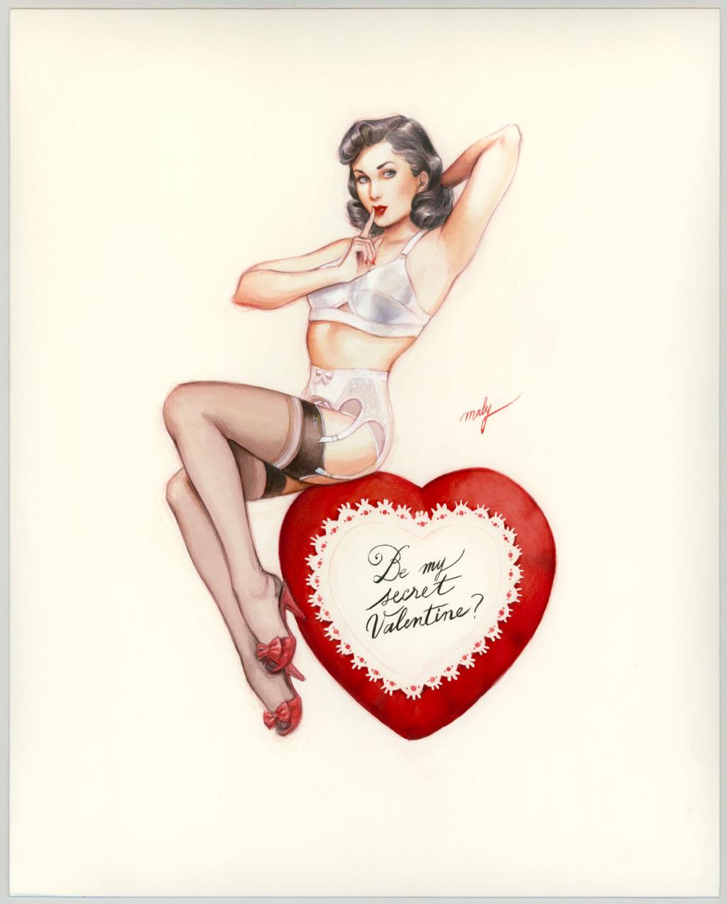 Illustration originale intitulée "Be my secret valentine - Maly Siri - Crayon brun et aquarelle  - 3102