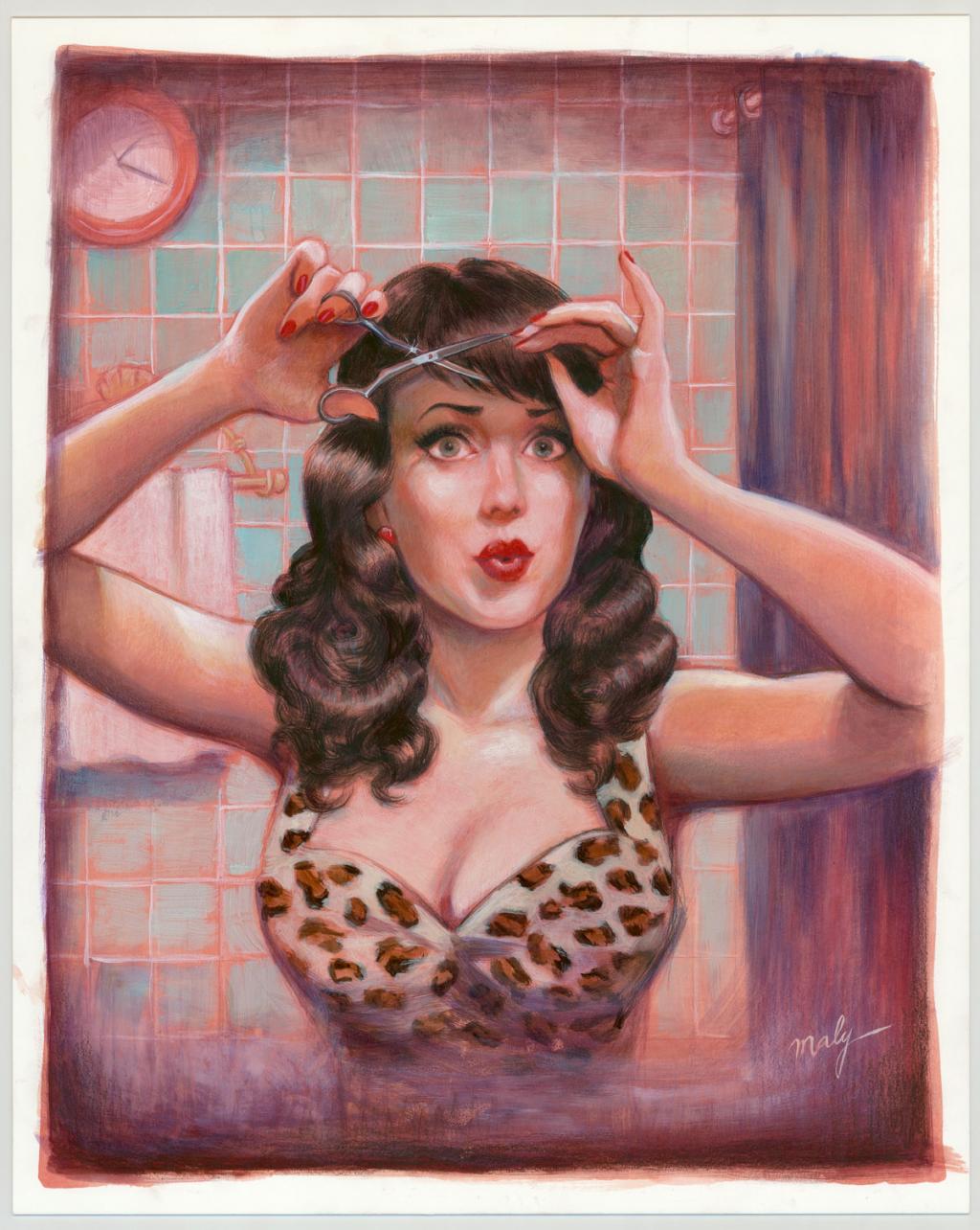 Illustration originale intitulée "Ivory Skin and Black Corset - Maly Siri - Acrylique et crayon de couleur sur papier - 3104