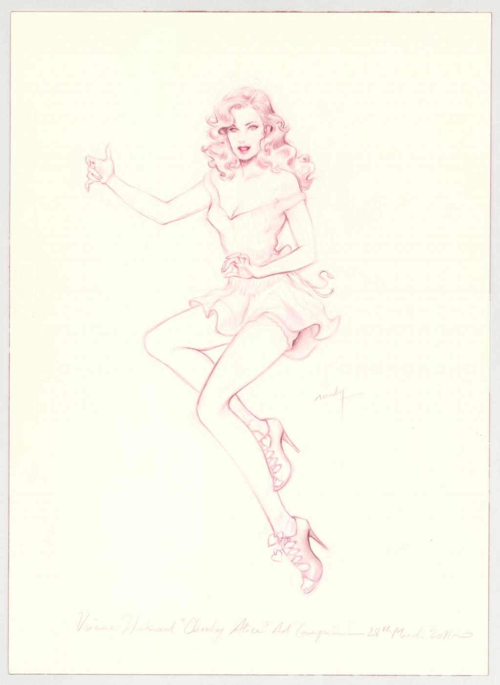 Illustration originale intitulée "Vivienne Westwood research sketch for Naughty Alice and campaign - Maly Siri - Crayon de couleur sur papier - 3108
