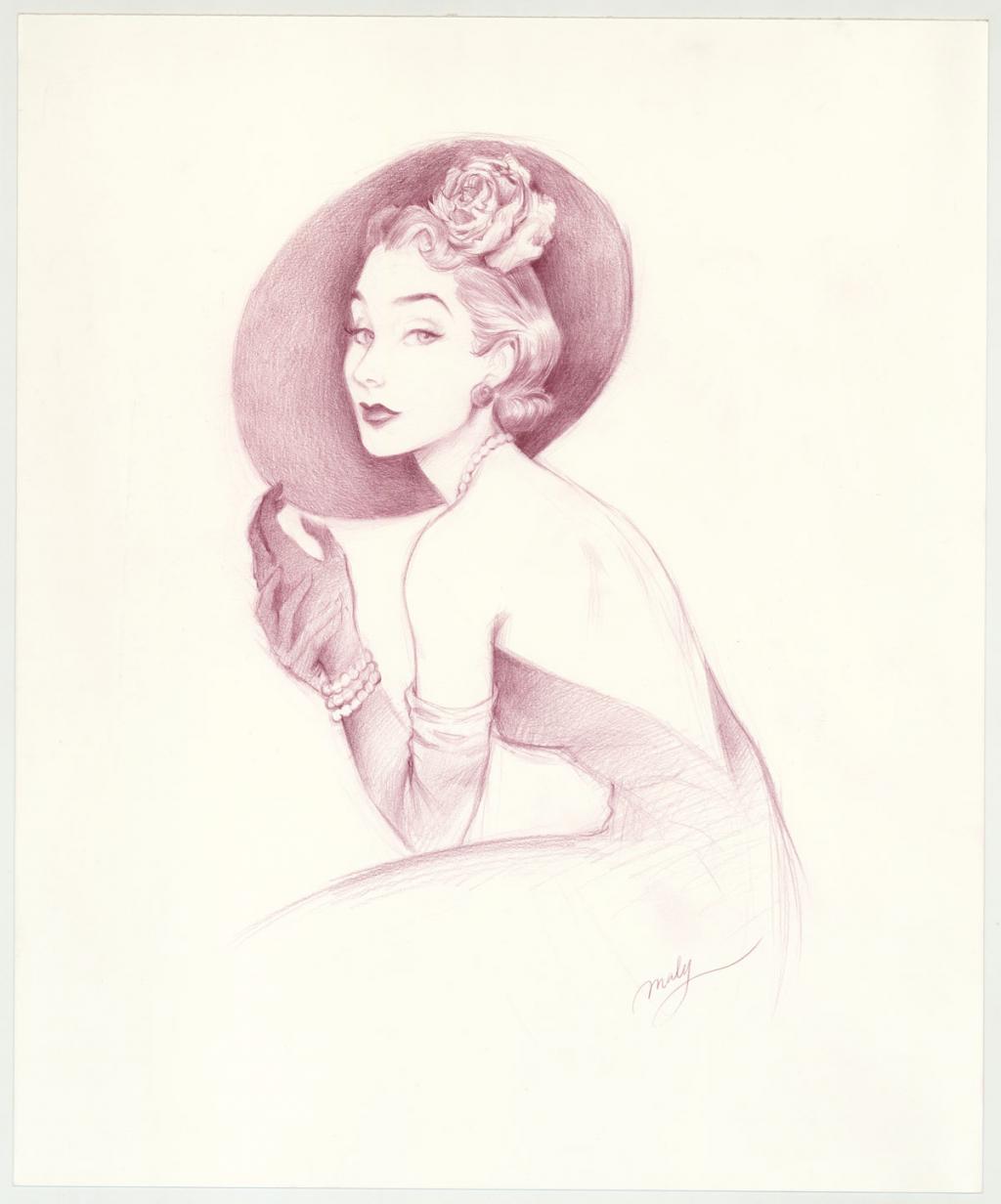 Illustration originale intitulée "Suzy Parker sketch - Maly Siri - Crayon de couleur sur papier - 3109