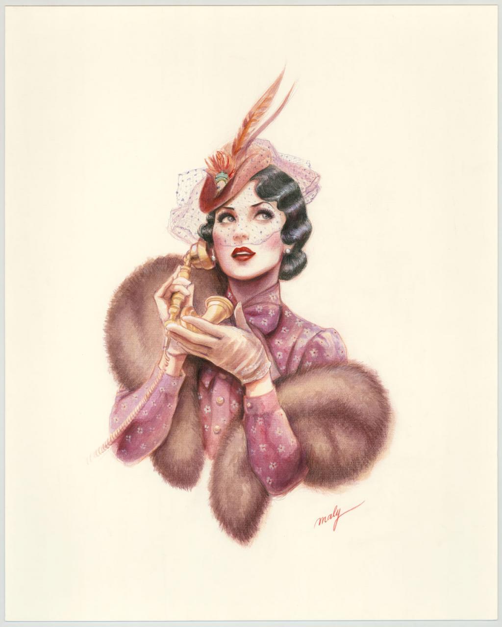 Illustration originale sur papier Art Board, intitulée "Hello Honey - Maly Siri - Crayon brun et aquarelle  - 3112