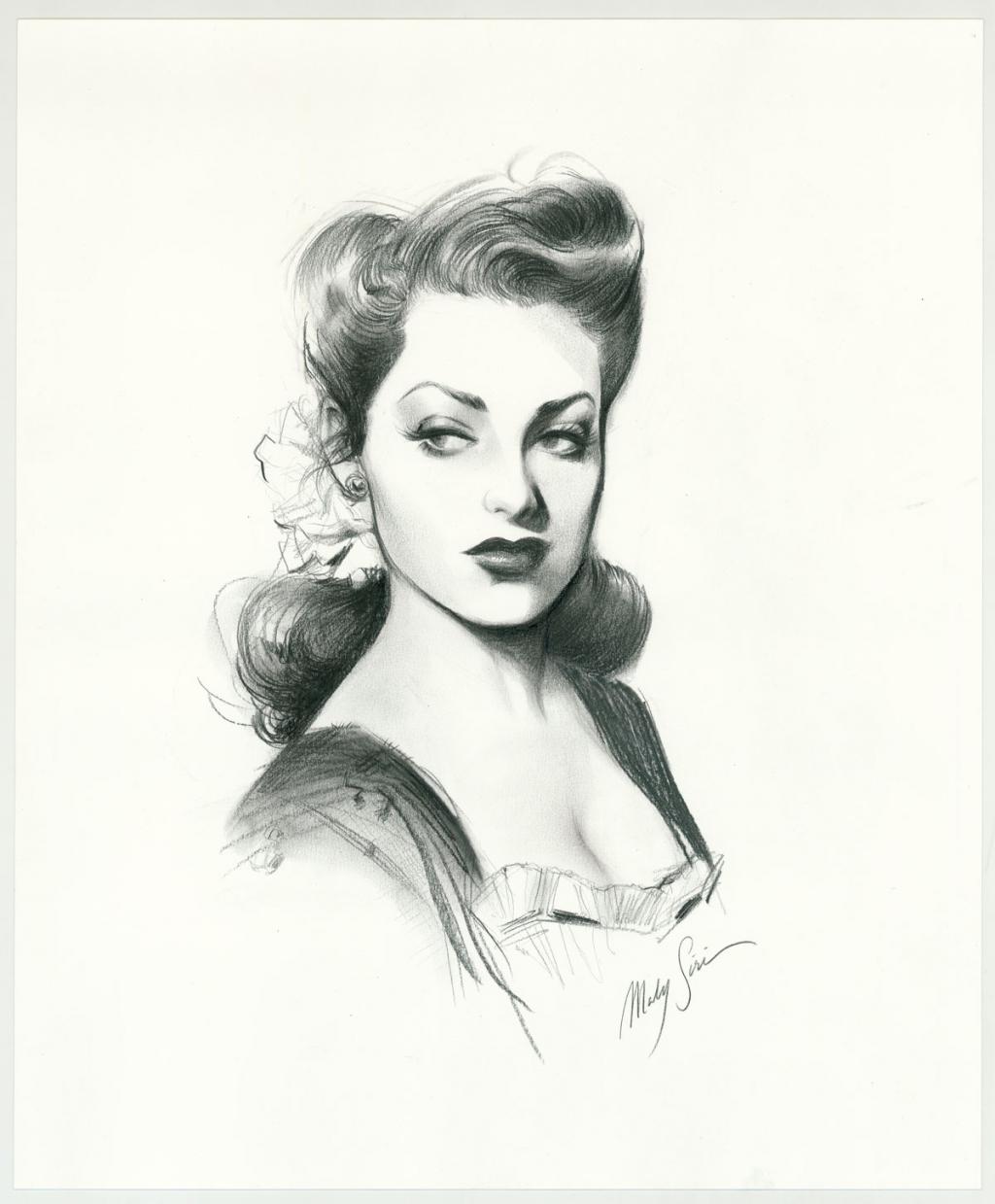 illustration originale intitulée "Linda Darnell - Maly Siri - Fusain et pierre noire sur papier - 3116