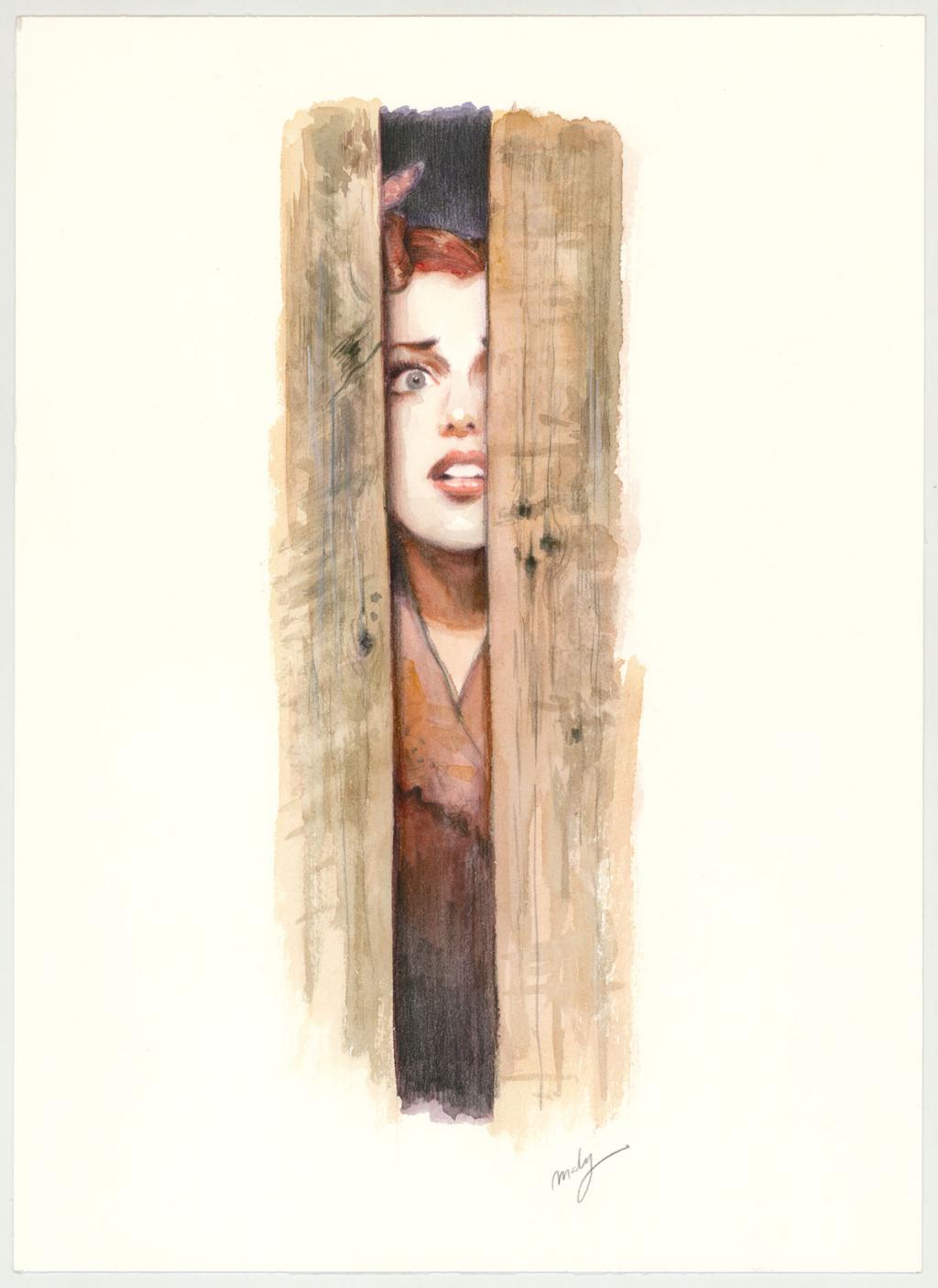 Illustration originale intitulée "Sneak peek into the barn - Maly Siri - Aquarelle et crayon sur papier - 3123