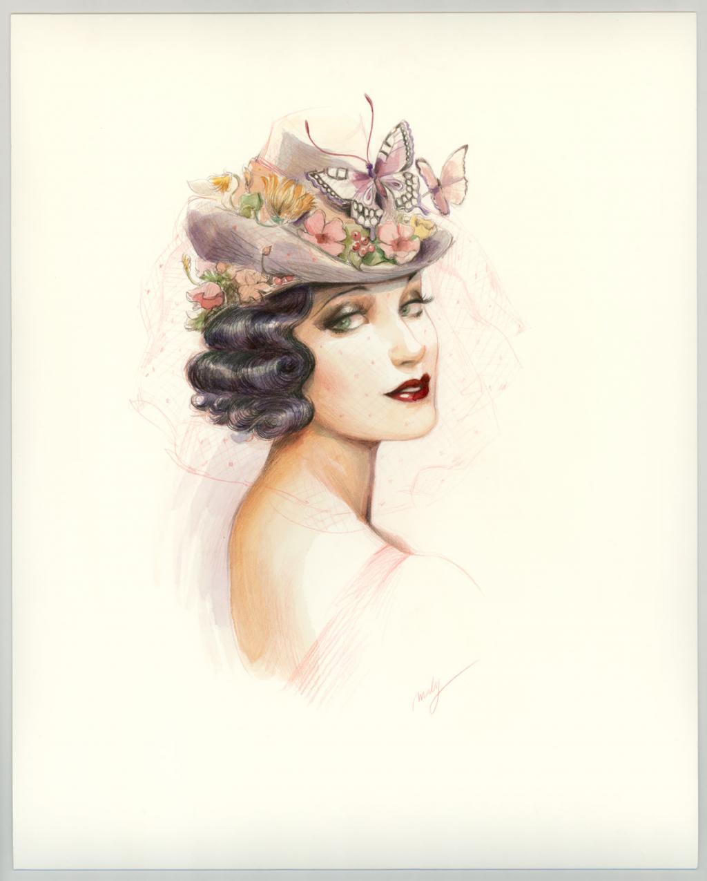 Illustration originale sur papier Art Board,  intitulée "A suitable hat for spring - Maly Siri - Aquarelle et crayon sur papier - 3128