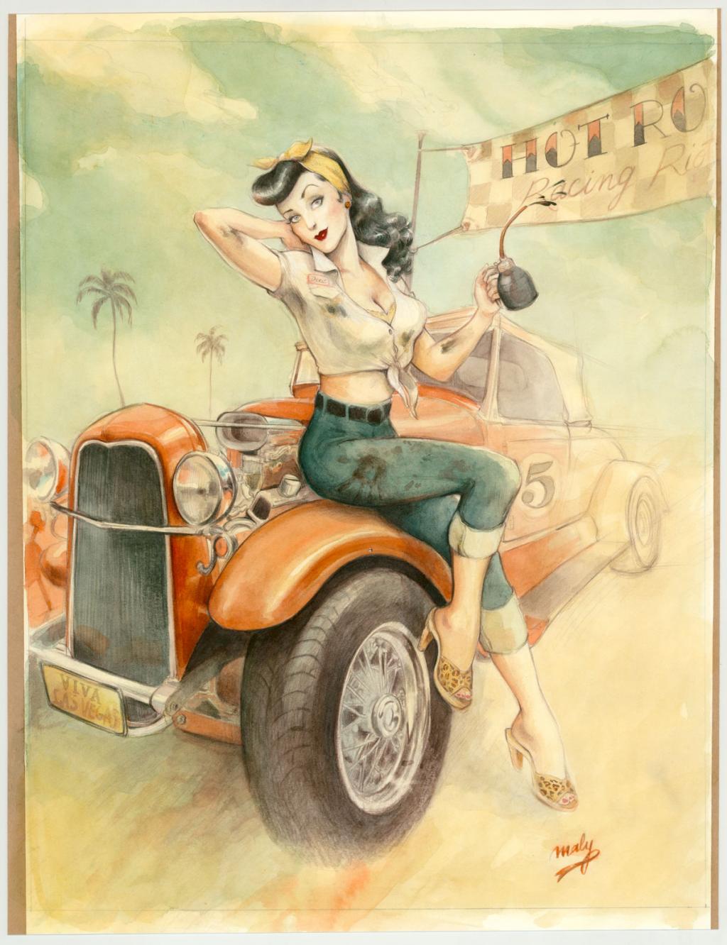 Illustration originale intitulée "Dixie's Hot Rod - Maly Siri - Aquarelle et crayon sur papier - 3130