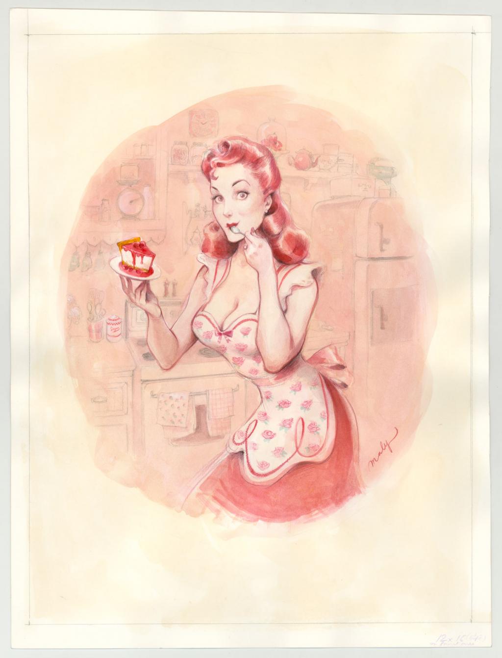 Illustration originale intitulée "Le Cheesecake aux Framboises - Maly Siri - Aquarelle et crayon sur papier - 3132