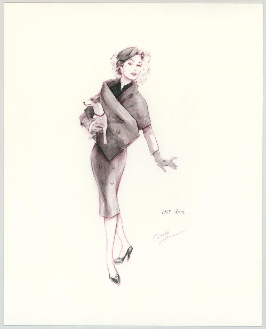 Illustration originale sur papier Art Board,  intitulée "L'Élégante et son Jack Russel - Maly Siri - Crayon brun et aquarelle  - 3134