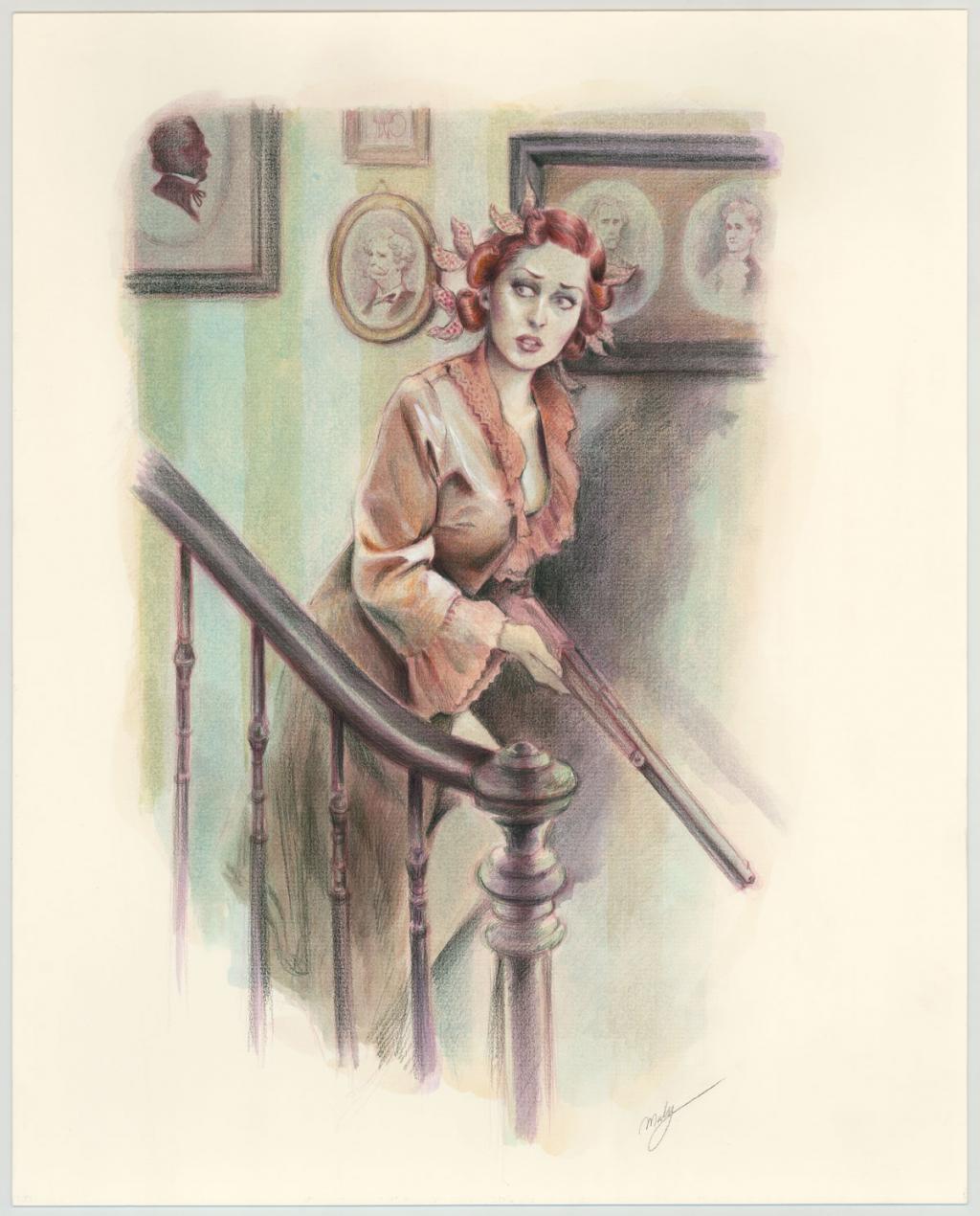 Illustration originale sur papier Art Board,  intitulée "Betsy et son fusil - Maly Siri - Aquarelle et crayon sur papier - 3136