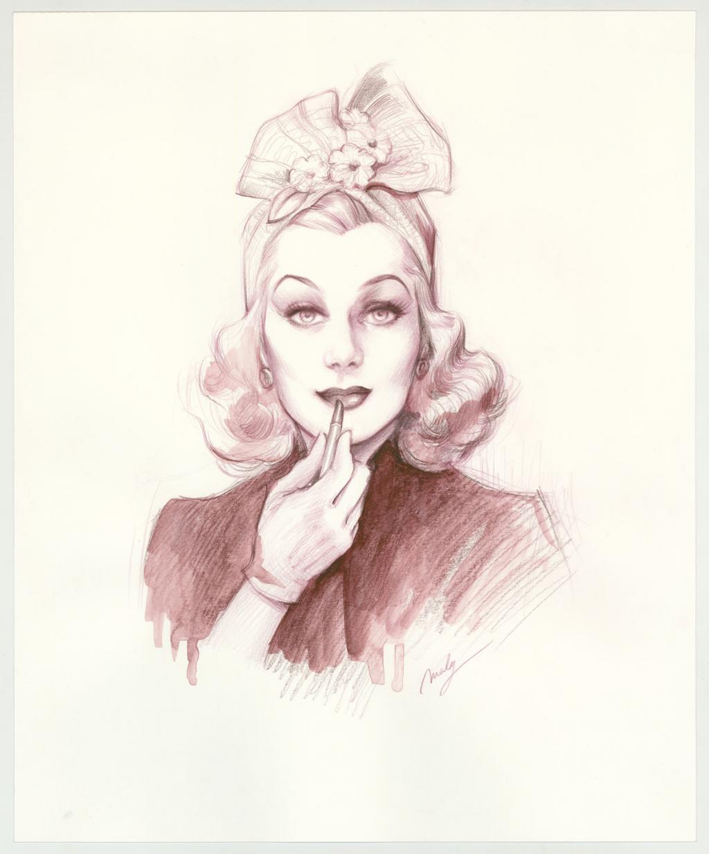 Illustration originale intitulée "Turban and Red Lipstick - Maly Siri - Aquarelle et crayon de couleur sur papier - 3140