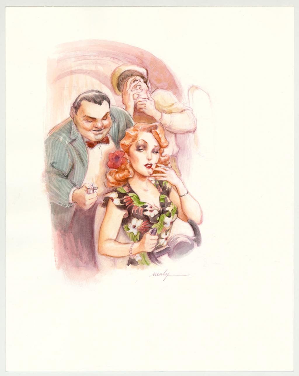 Illustration originale intitulée "Je vais poser ce coucou sur la p'tite plage là-bas, elle a pas l'air mal - Maly Siri - Aquarelle et crayon de couleur sur papier - 3143