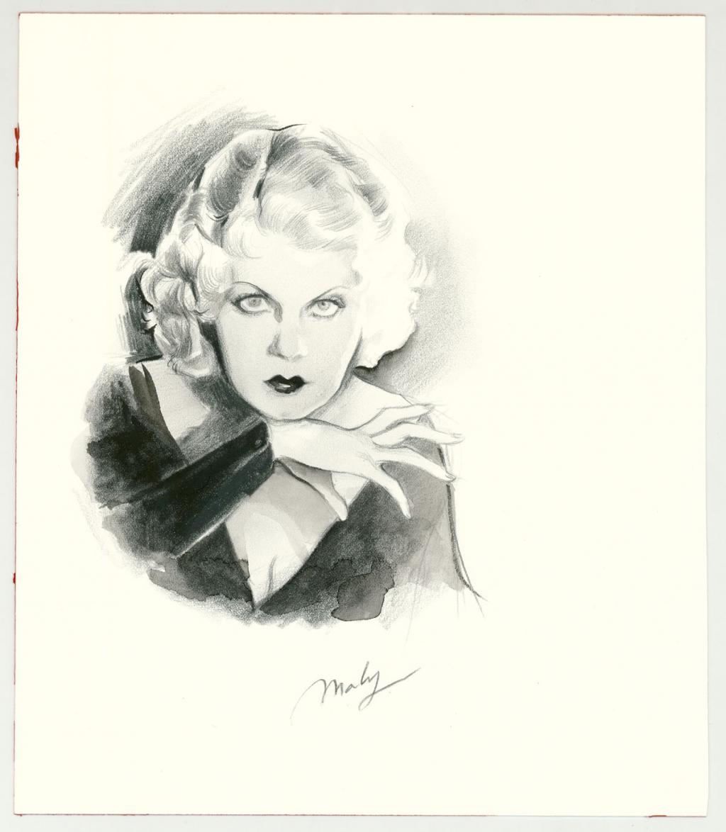 Illustration originale intitulée "Jean Harlow sketch - Maly Siri - Encre de Chine et crayon sur papier - 3144