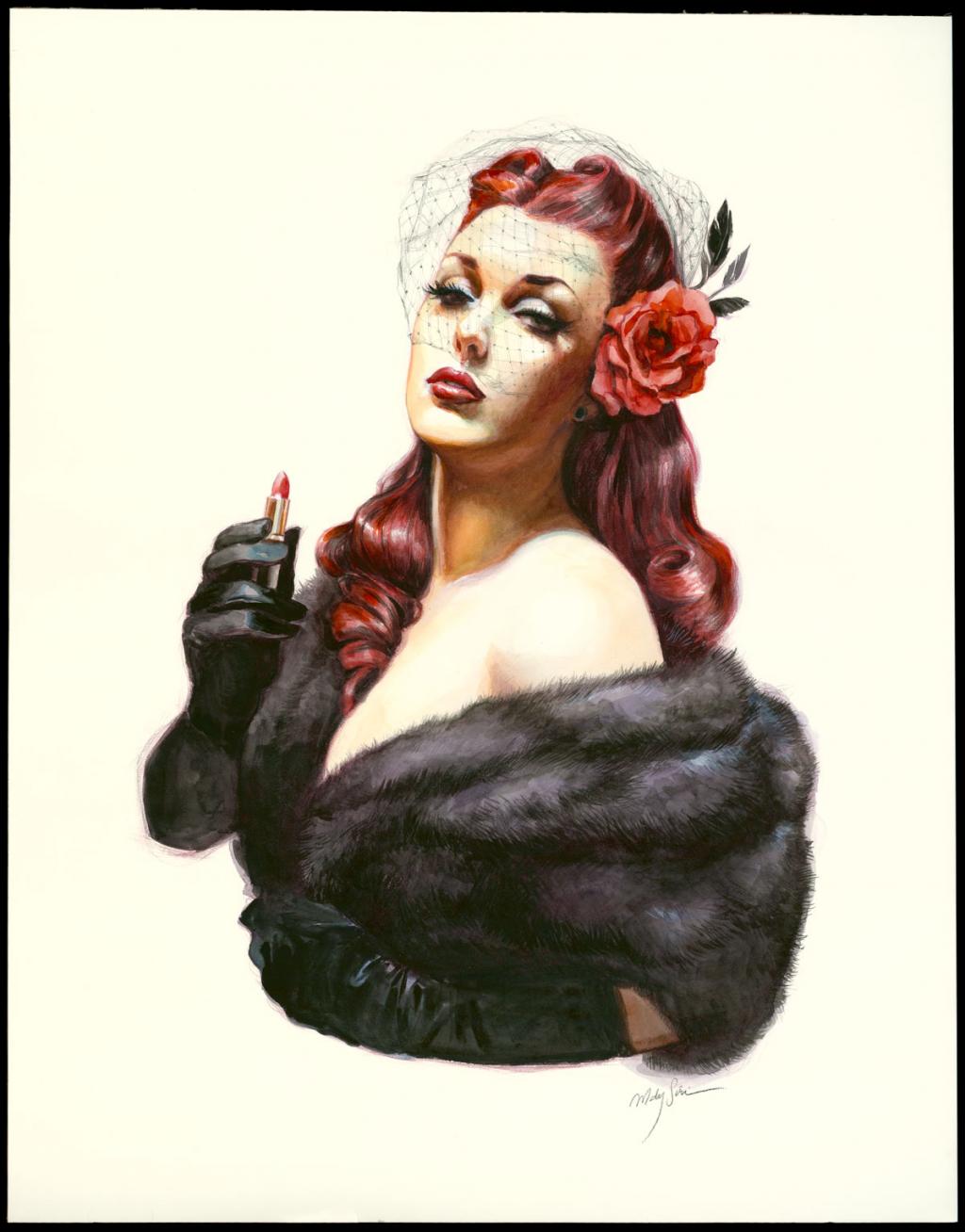 Illustration originale sur papier Art Board,  intitulée "Ruby Red Lips - Maly Siri - Aquarelle et crayon de bois sur papier - 3149