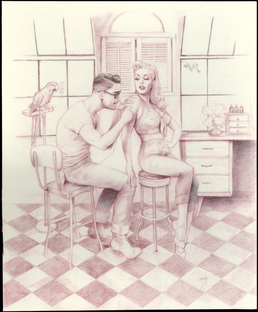 Illustration originale sur papier Art Board,  intitulée "The Tatoo Shop-study - Maly Siri - Crayon sur papier - 3152