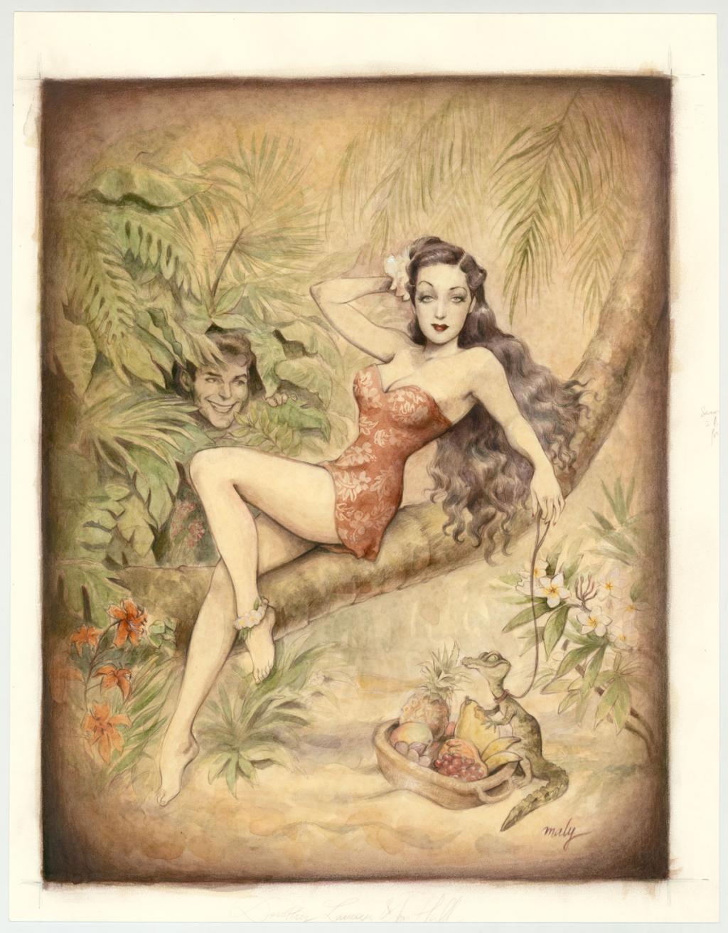 Illustration originale intitulée "The Moon of Manakoora (Dorothy Lamour) - Maly Siri - Aquarelle et crayon sur papier - 3173