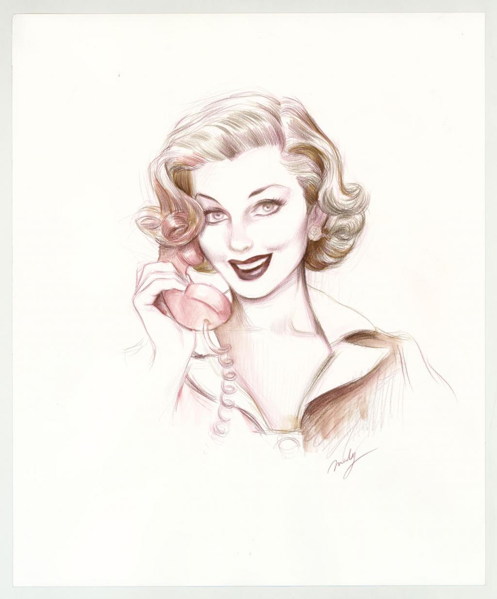 Illustration originale intitulée "The Nifty Fifties, drawing for chapter title - Maly Siri - Aquarelle et crayon sur papier - 3176