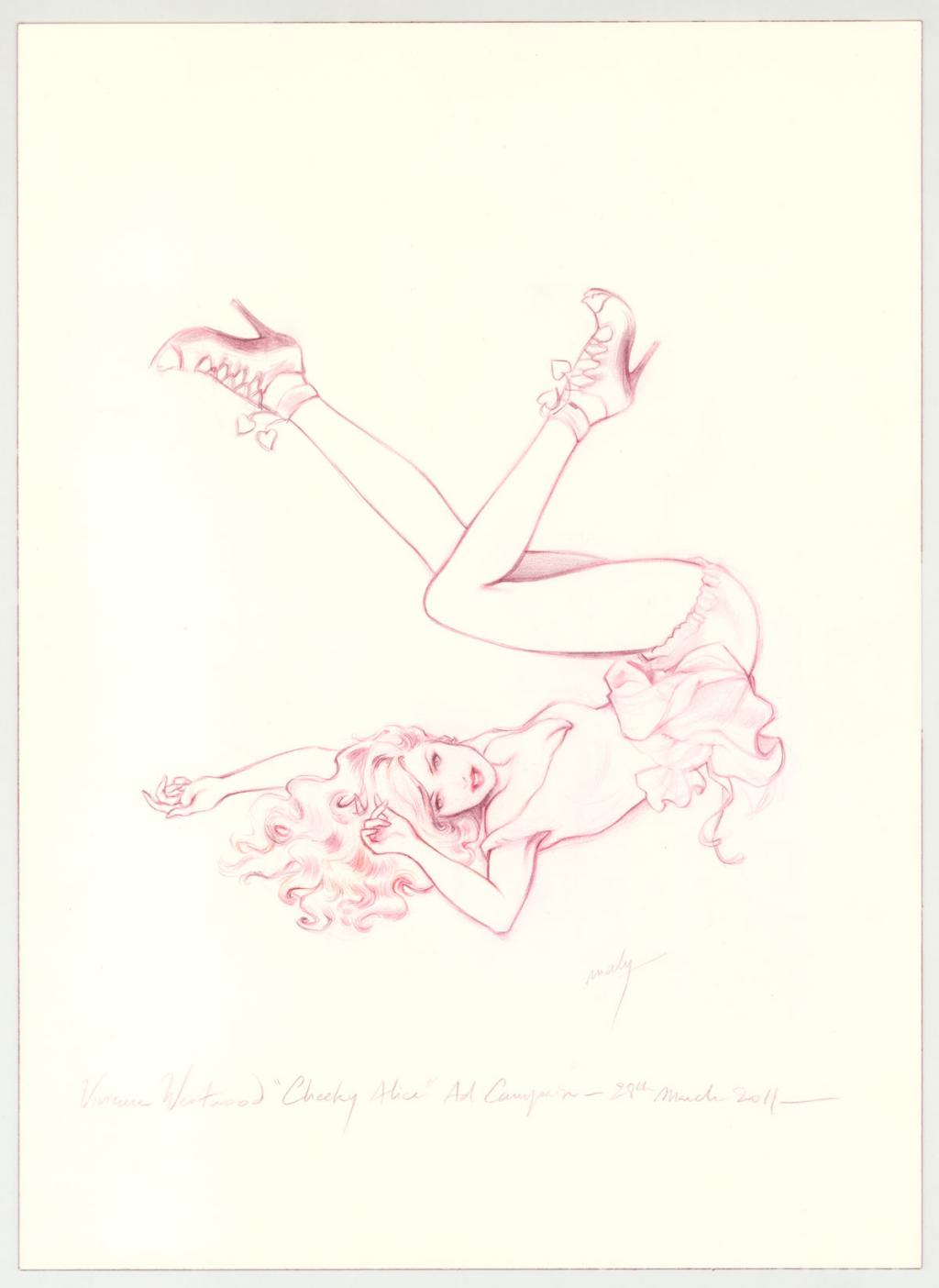 Illustration originale intitulée "Cheeky Alice", utilisée pour la campagne de publicité des parfums "Cheeky Alice" de Vivienne Westwood - Maly Siri - Crayon de couleur sur papier - 3177