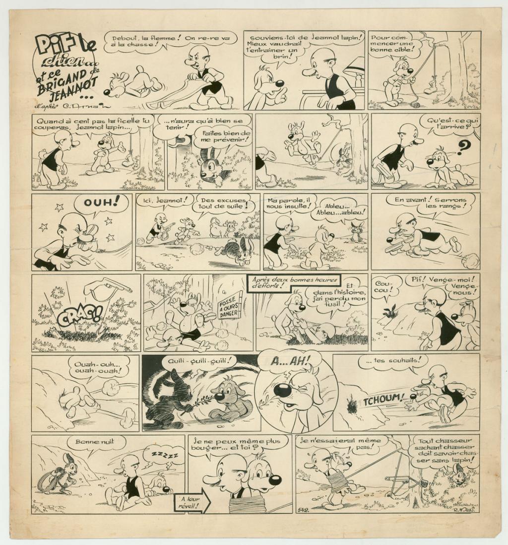 Planche originale - Pif le chien  - papier abîmé, déchirures et tâches publiée dans le Vaillant n°542 - Rmas - Encre de Chine sur papier - 5512