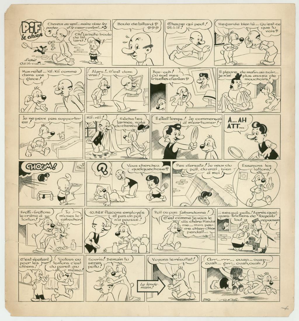 Planche originale - Pif le chien  - papier abîmé, déchirures et tâches - publiée dans le Vaillant n°549 - Rmas - Encre de Chine sur papier - 4132