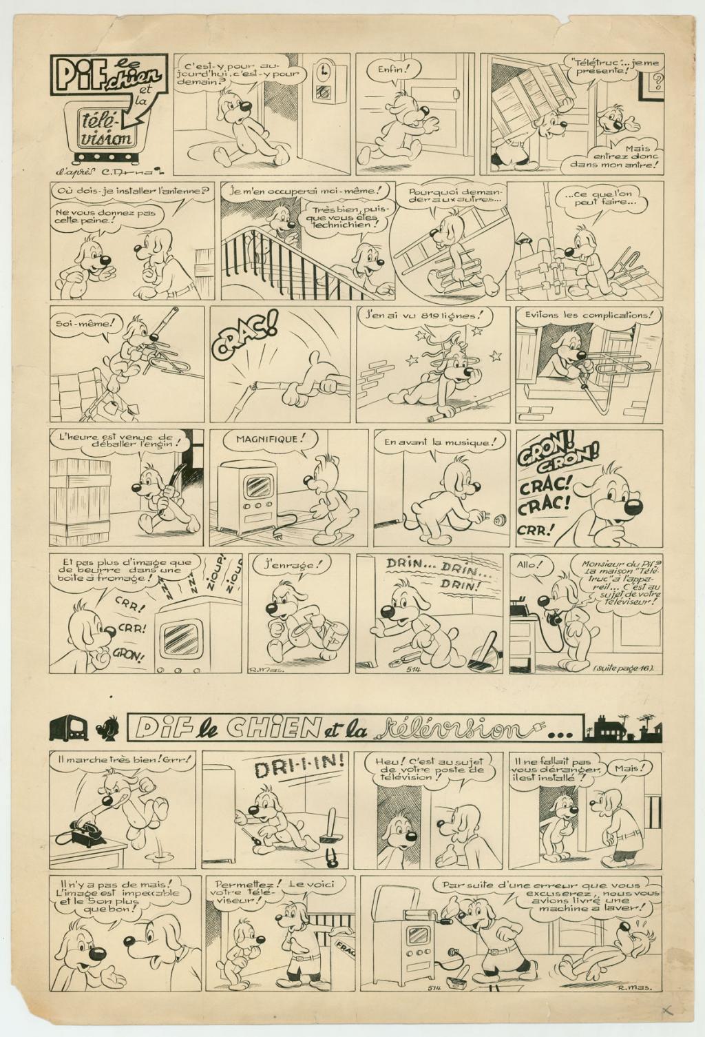 Planche originale - Pif le chien  - papier abîmé, déchirures et tâches - publiée dans le Vaillant n°514 - Rmas - Encre de Chine sur papier - 3817