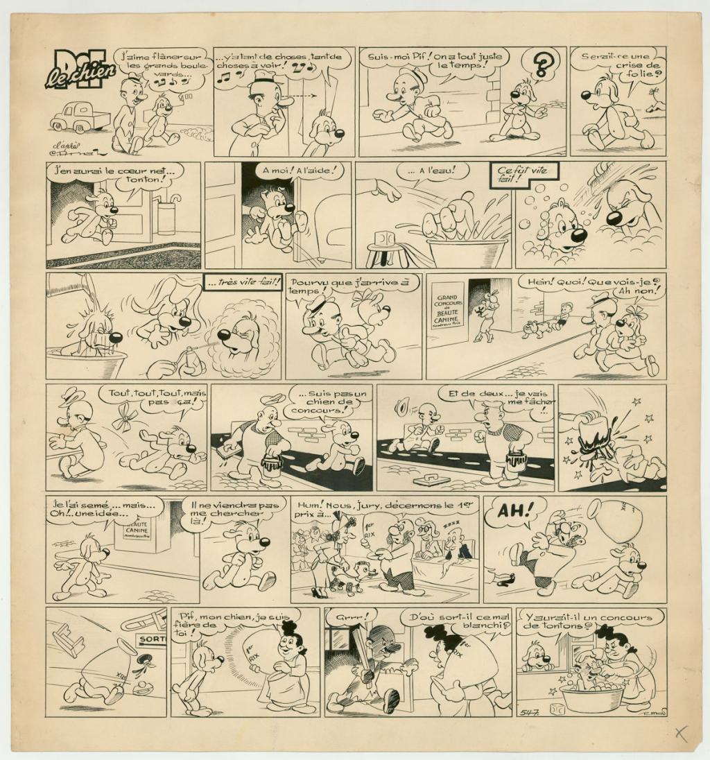 Planche originale - Pif le chien  - papier abîmé, déchirures et tâches publiée dans le Vaillant n°547 - Rmas - Encre de Chine sur papier - 4133