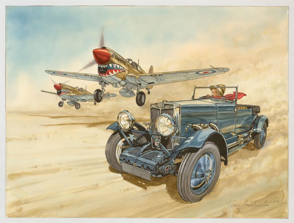 Illustration originale, MG Mark III "Tigress" et Curtiss P-40 D - Franz Zumstein - Aquarelle et encre de Chine sur papier - 3291