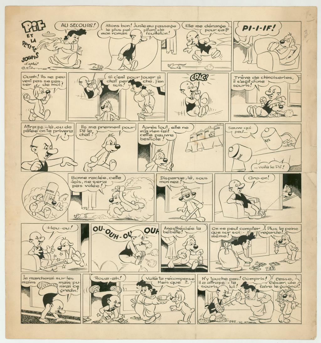 Planche originale - Pif Le chien - déchirures et pliures et traces de saleté sur la planche - publiée dans le Vaillant n°545 - Rmas - Encre de Chine sur papier - 4134