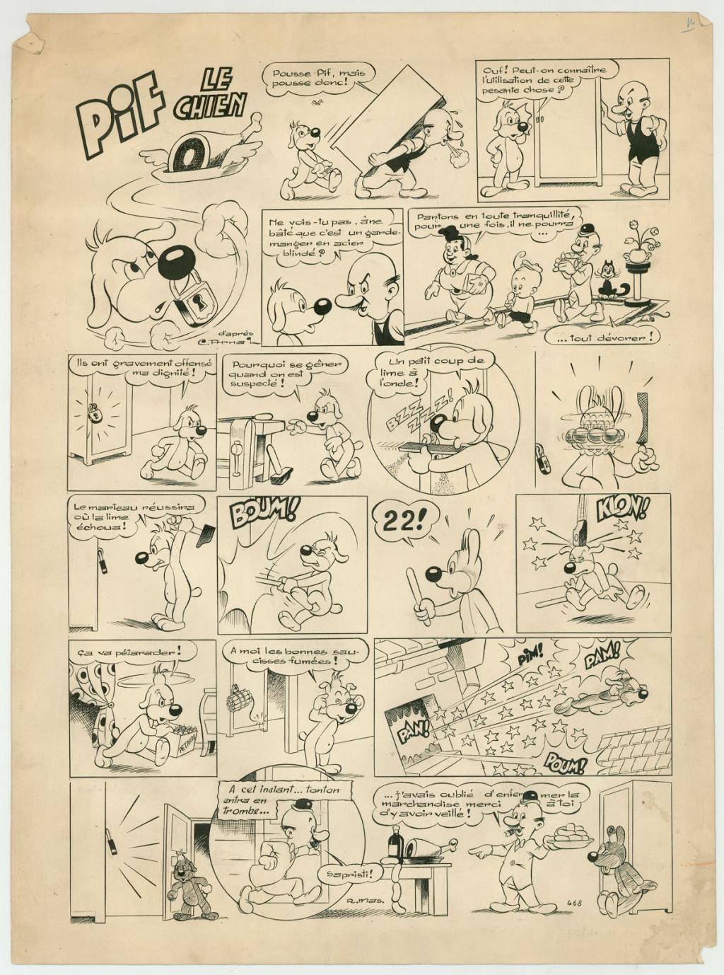 Planche originale - Pif Le chien - déchirures et pliures et traces de saleté sur la planche - publiée dans le Vaillant n°468 - Rmas - Encre de Chine sur papier - 3818