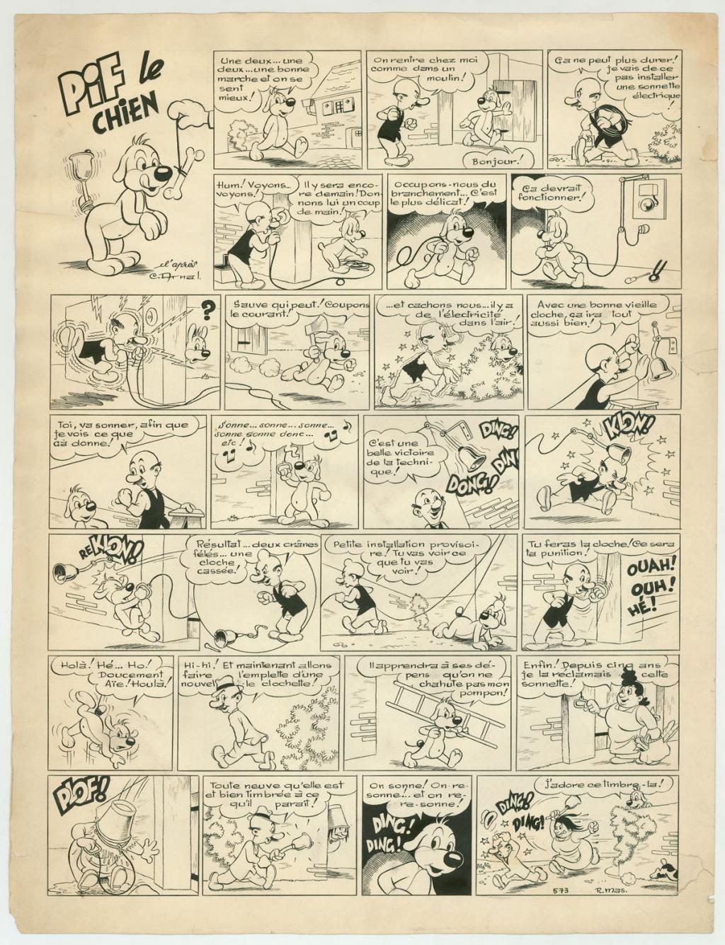 Planche originale - Pif Le chien - déchirures et pliures et traces de saleté sur la planche - publiée dans le Vaillant n°573 - Rmas - Encre de Chine sur papier - 3819