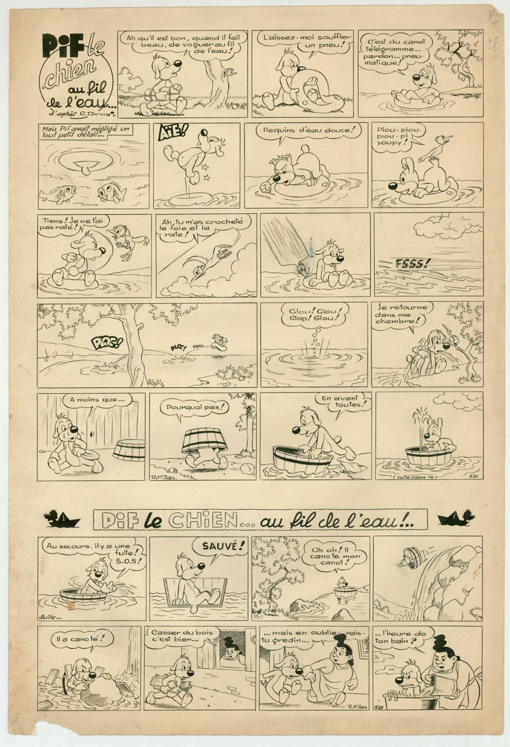 Planches originales 1 et 16 - Pif Le chien - déchirures et pliures et traces de saleté sur la planche - publiée dans le Vaillant n°521 - Rmas - Encre de Chine sur papier - 5513