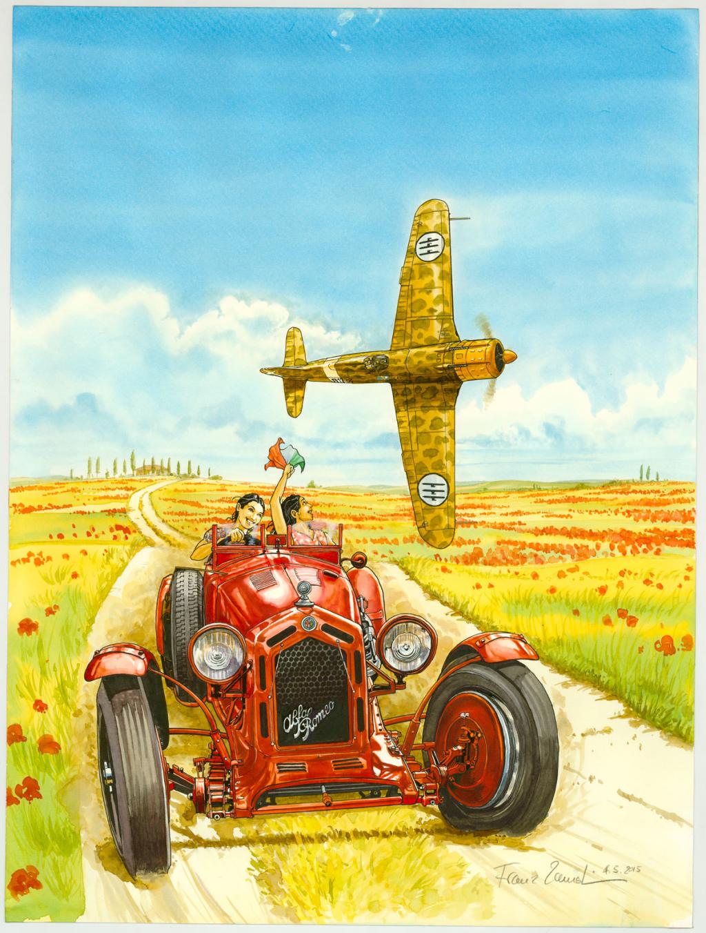 Illustration originale, Alfa Romeo 8C et Fiat Ct 50 - Franz Zumstein - Aquarelle et encre de Chine - 3292