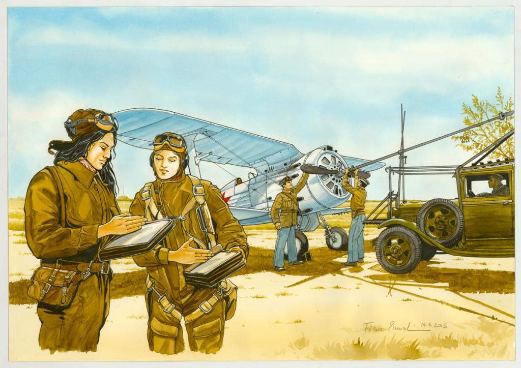 Illustration originale, Polikaspow I-153 "Chaika" et GAZ-AA Startles Trude - Franz Zumstein - Aquarelle et encre de Chine - 3293