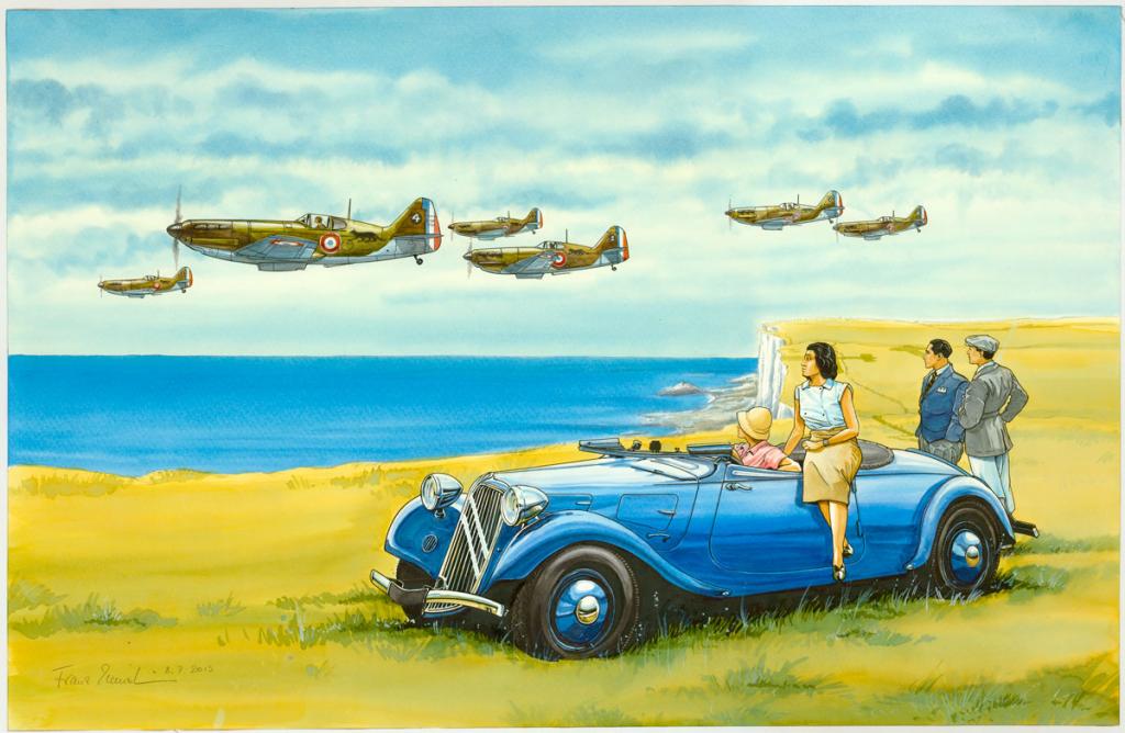 Illustration originale, Polikaspow I-153 "Chaika" et GAZ-AA Startles Trude - Franz Zumstein - Aquarelle et encre de Chine - 3294