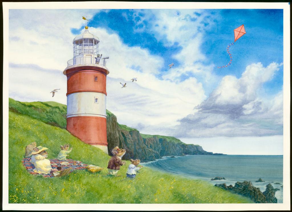 Illustration originale, "Picnic By The Lighthouse - Christopher Dunn - Aquarelle sur papier - 3400