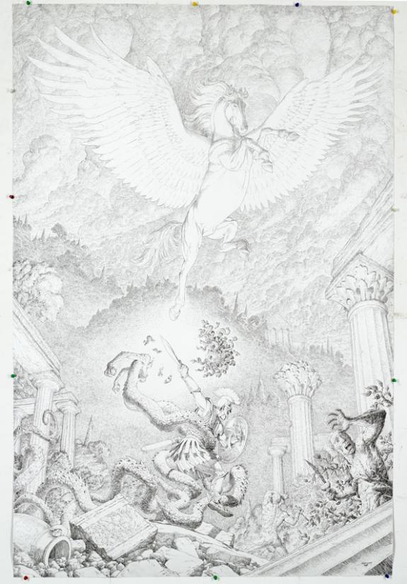 illustration originale intitulée La naissance de Pégase, réalisée en 2015 - Jérôme Lereculey - Encre de Chine sur papier - 3298