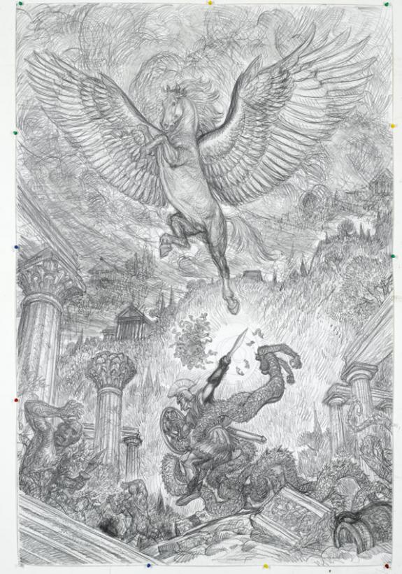 illustration originale intitulée La naissance de Pégase, réalisée en 2015 - Jérôme Lereculey - Encre de Chine sur papier - 3298